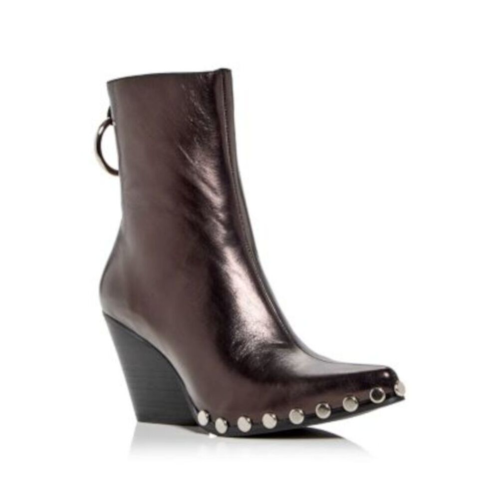 Studded Leather Wedge Zip-Up Boots - Dark Brown